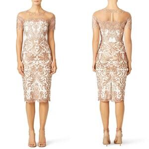 Marchesa Notte Jaipur Dress Metallic Embroidered Illusion Sheath White Gold 10